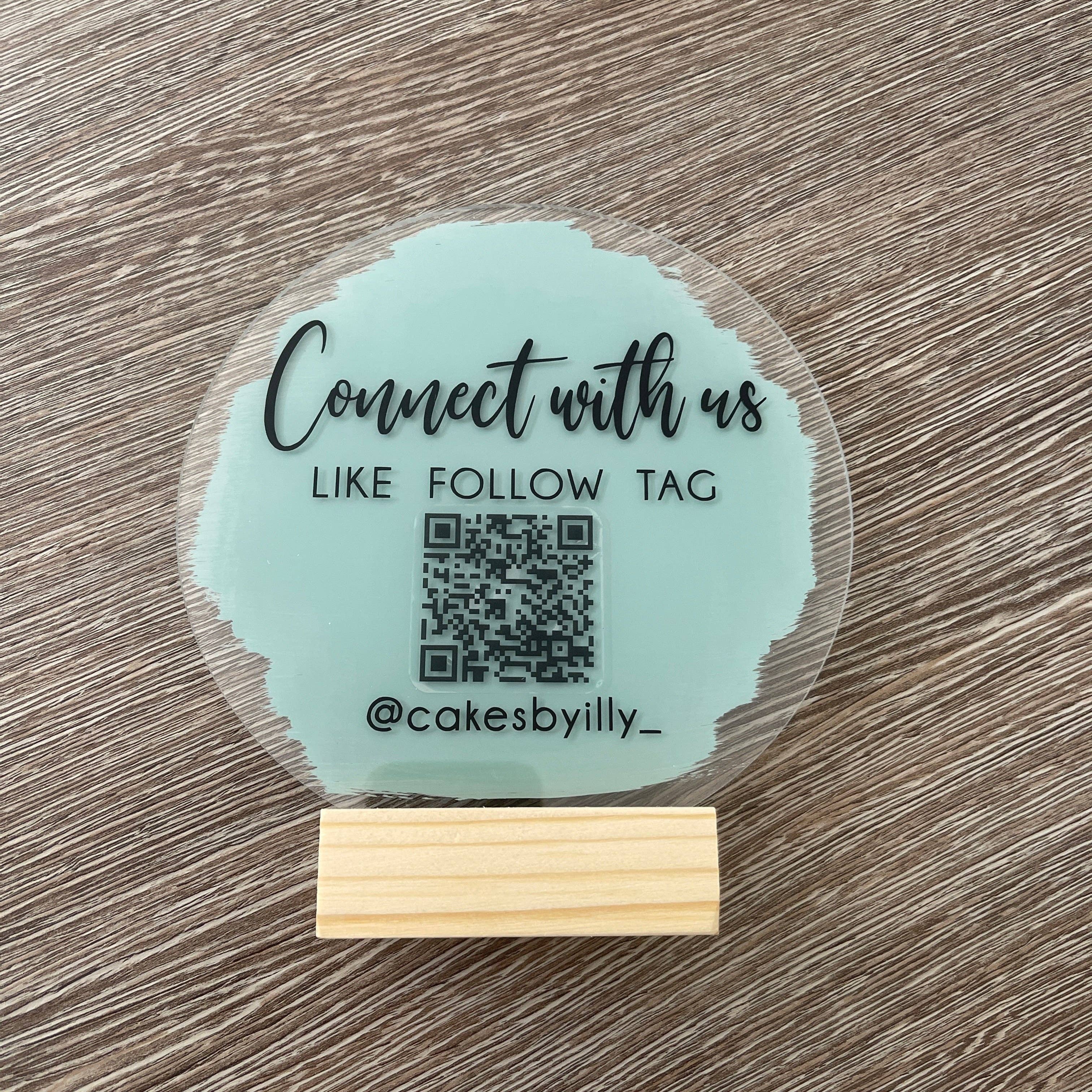 WinsterCreations™ – wholesale Sign – Connect With Us Social Media Handle Circle Acrylic Plaque Sign With Wooden Base1