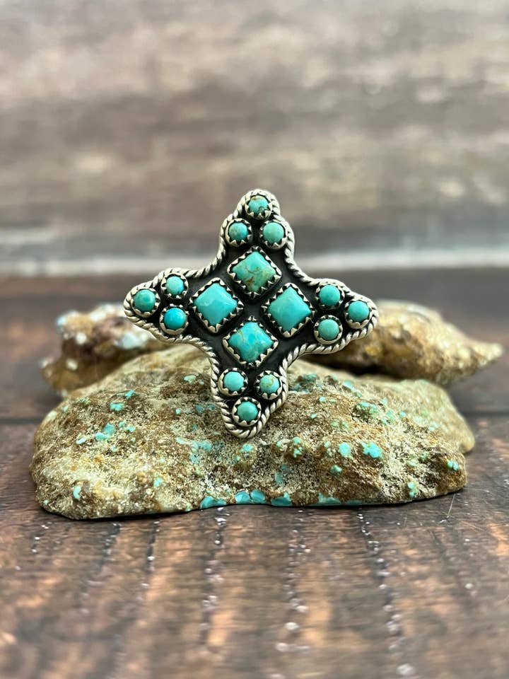 Handmade Sterling Silver Kingman Turquoise Adjustable Ring, Signed Nizhoni for wholesale by Nizhonitradersllc