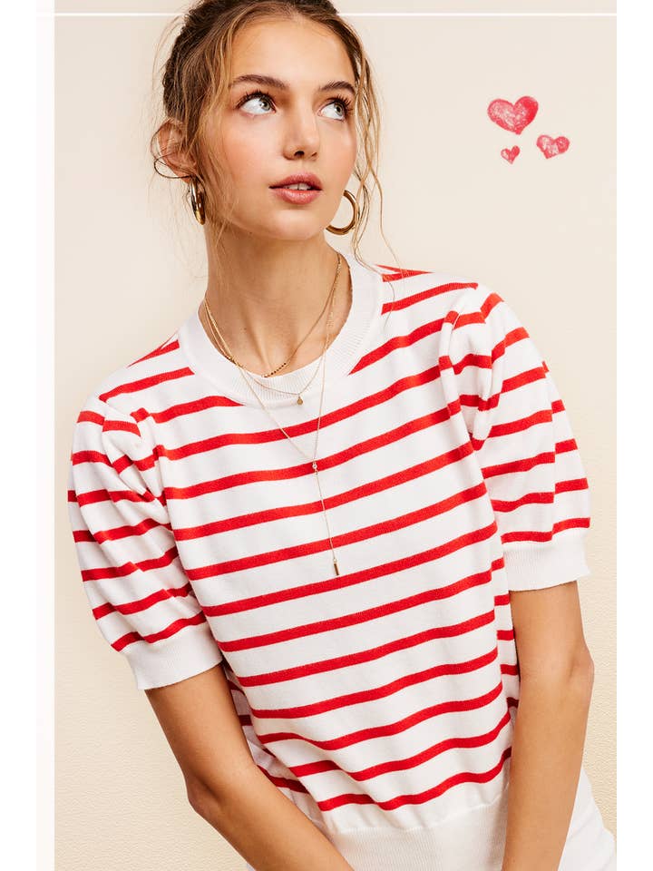 La Miel - Wholesale Knit Top - Women's - JCS3562-Lightweight Puff Short Sleeve Stripe Knit Top14