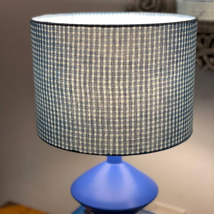 Olive and Limpet - Wholesale Lamp Shade - 10 inch Drum Lampshade. Indigo Hand Print from India. Faded Blue Check Pattern.1
