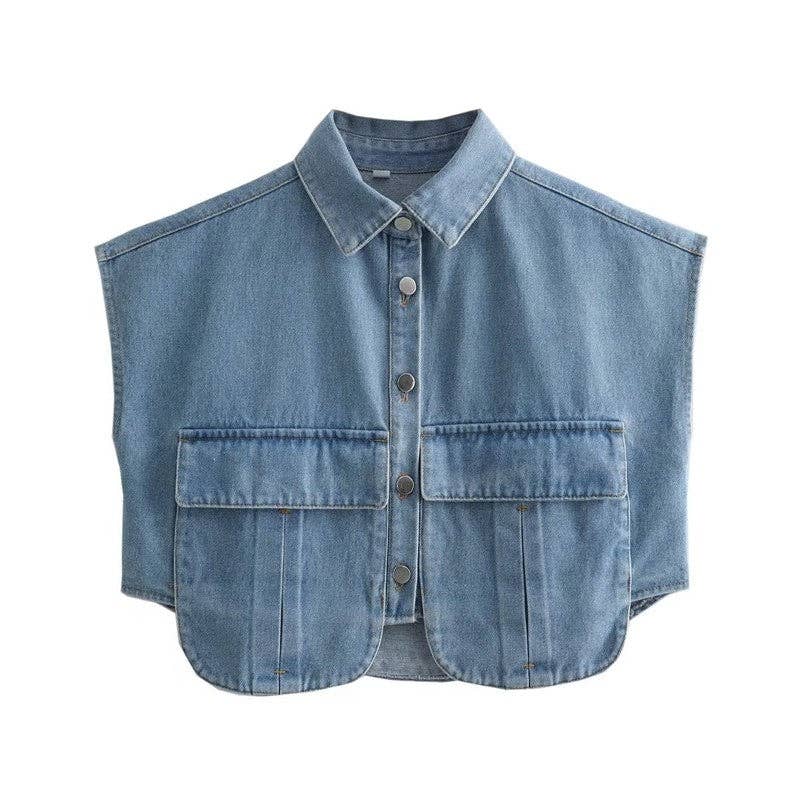 FurDecoration - Vente Veste en jean – femme - Top en jean sans manches avec grande poche de couleur unie4