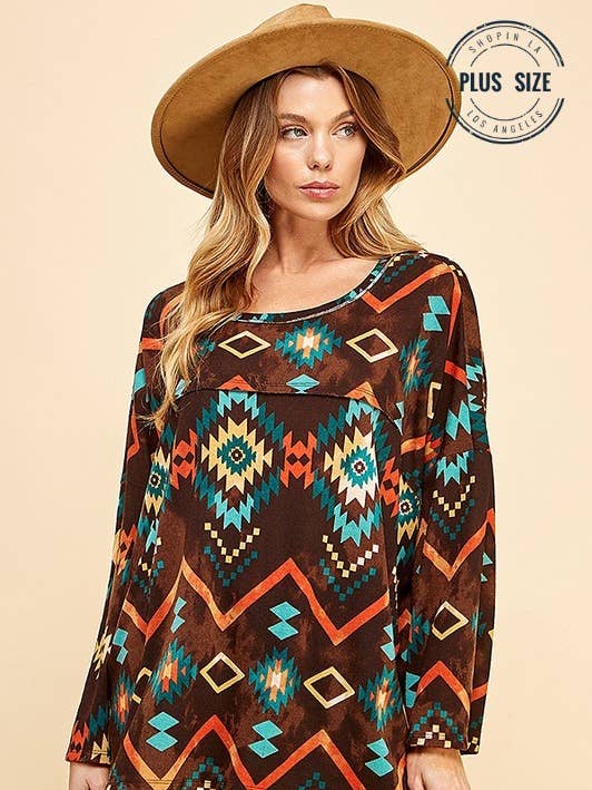 Shopin LA - Wholesale Lounge Top - Women's - ST21113P - WOMEN AZTEC PRINT REVERSE SEAM PONCHO STYLE TUNIC