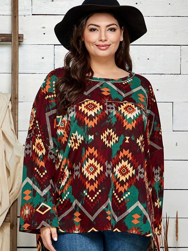 Shopin LA - Wholesale Lounge Top - Women's - ST21113P - WOMEN AZTEC PRINT REVERSE SEAM PONCHO STYLE TUNIC