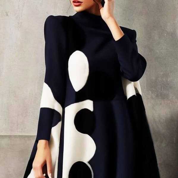 A-linjeformad långärmad prickig delad polokrage miniklänning för wholesale av OceanusSwim