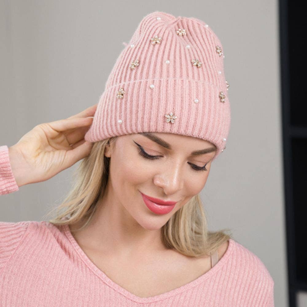 anbfashion - Venta al por mayor Gorro de lana - Mujer - Gorro de Punto con Apliques de Perlas y Flores H-35091