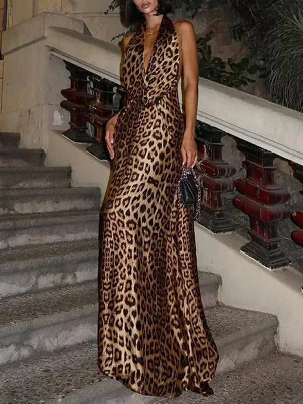 deep v neck sleeveless leopard print maxi dress for wholesale on Faire2