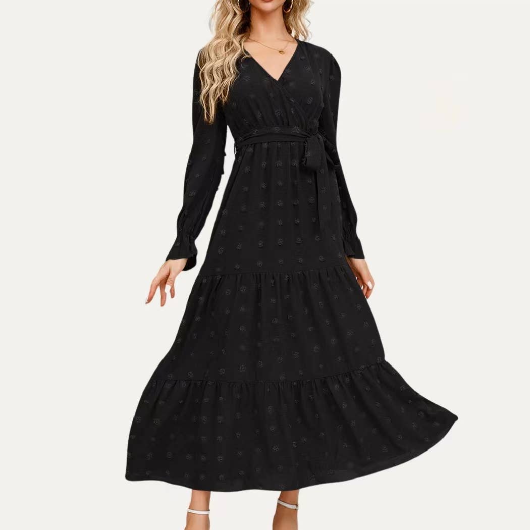The Moment Collection – wholesale Dress – Women's – Classic Swiss Dot Surplice Neck Long Sleeve Maxi Dress3