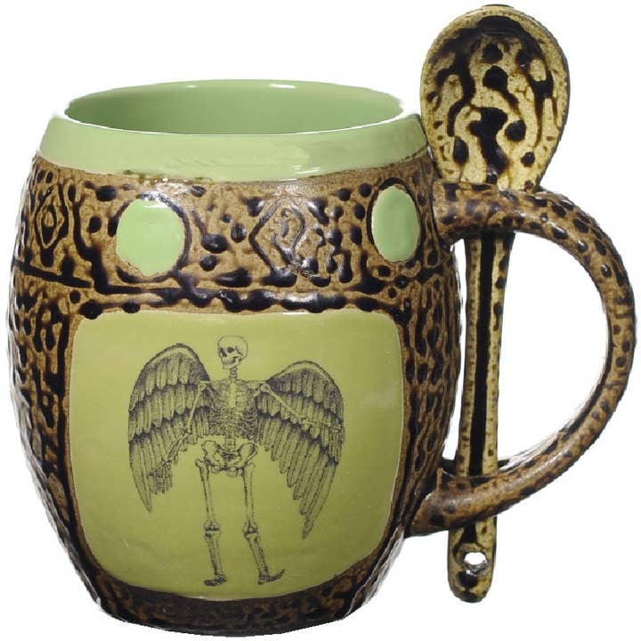 Winged Skeleton Mug with Spoon for wholesale by Always Azul Pottery