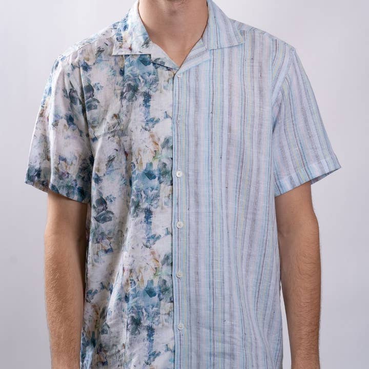 Blauw linnen overhemd met split en bloemenprint voor wholesale door Stitch Note