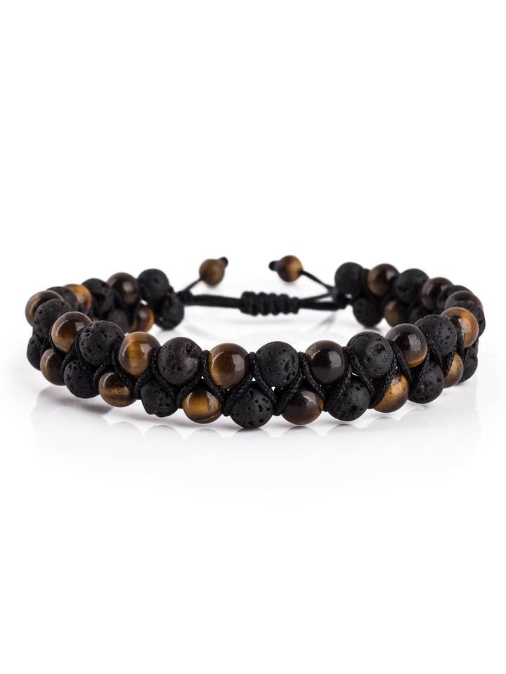 Pulseira Sensei com Contas - Olho de Tigre Amarelo + Pedra de Lava por atacado de Blackskies