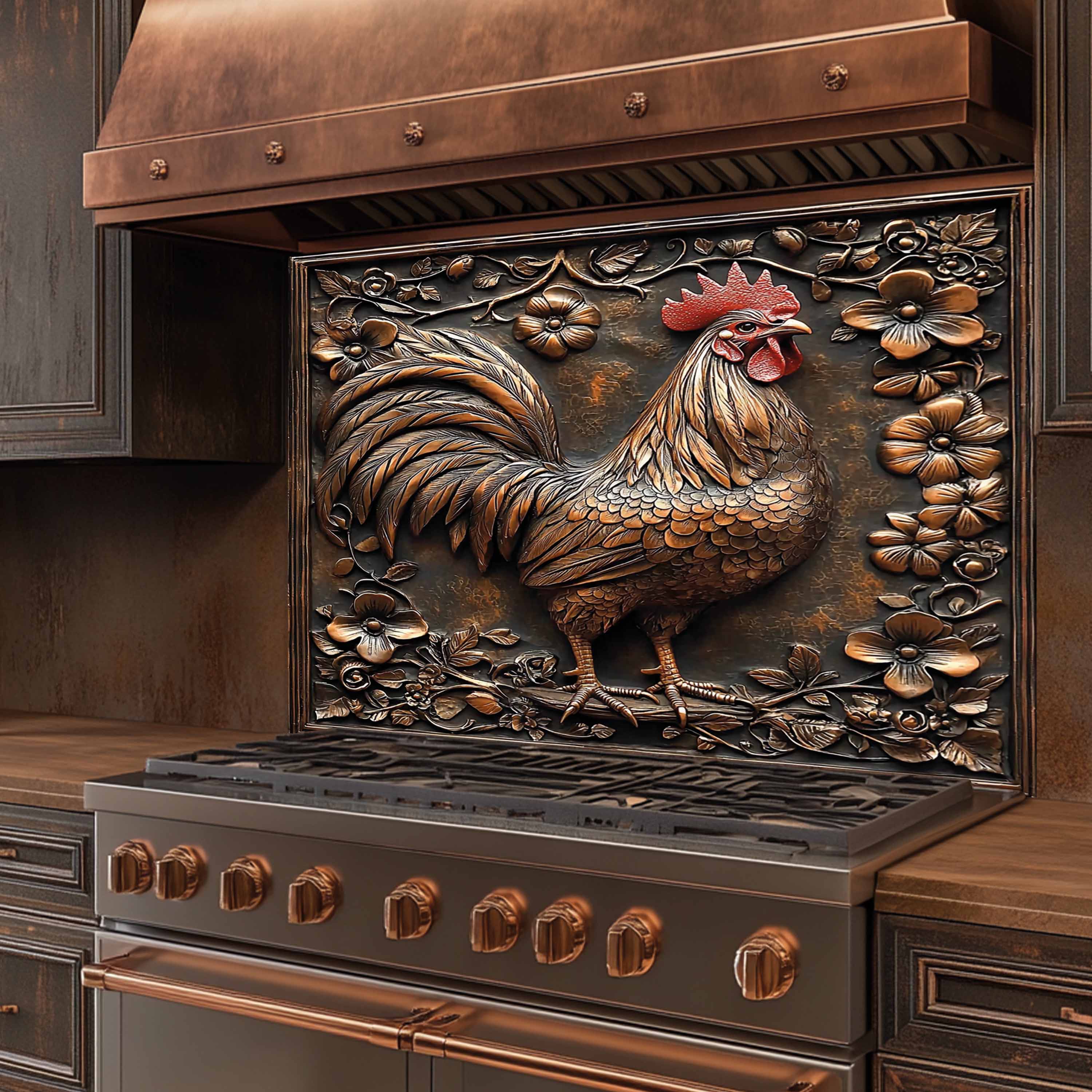 Glass Kitchen Backsplash - Wholesale Wall Accent - Copper Look Rooster Tempered Glass Backsplash – Farmhouse Kitchen Backsplash1