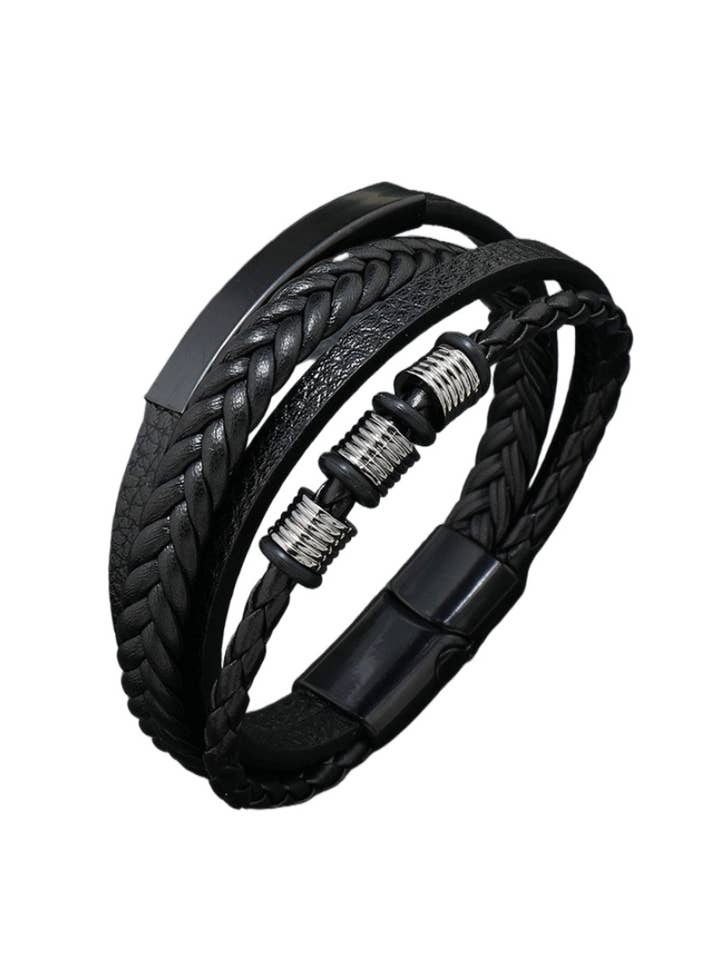 Men’s Layered Black Leather Bracelet with Braided Straps for wholesale by Understate.