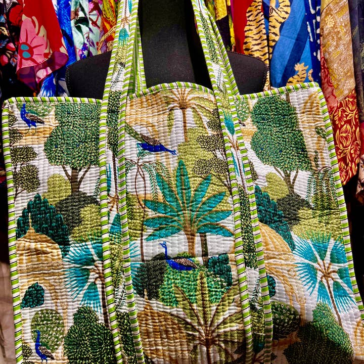 Gazebo & Peacock Print Tote in Green for wholesale by The Bazaar Rabbit
