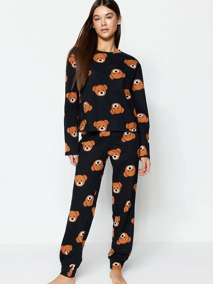 100% Cotton Knitted Pajama Set with Teddy Bear Print for wholesale by Hoxton Gal