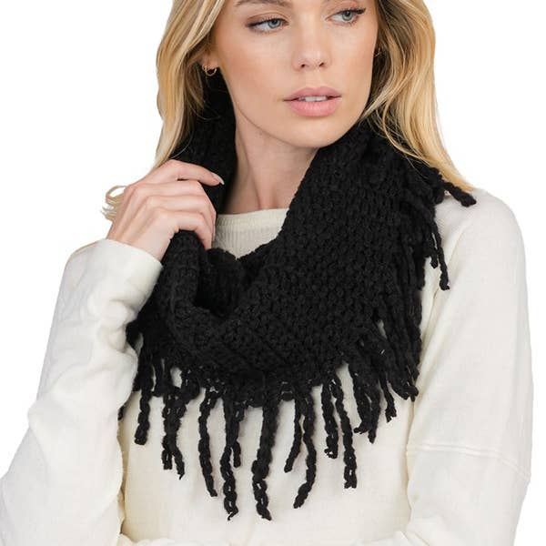 Cap Zone - Wholesale Scarf - Women's - Mesh Seed Stitch Knit Fray Trim Infinity Scarf6