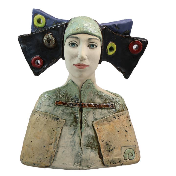 Art Deco Bust in a Fantasy Black Bow Hat | Original one-off for wholesale by Art In Ceramic