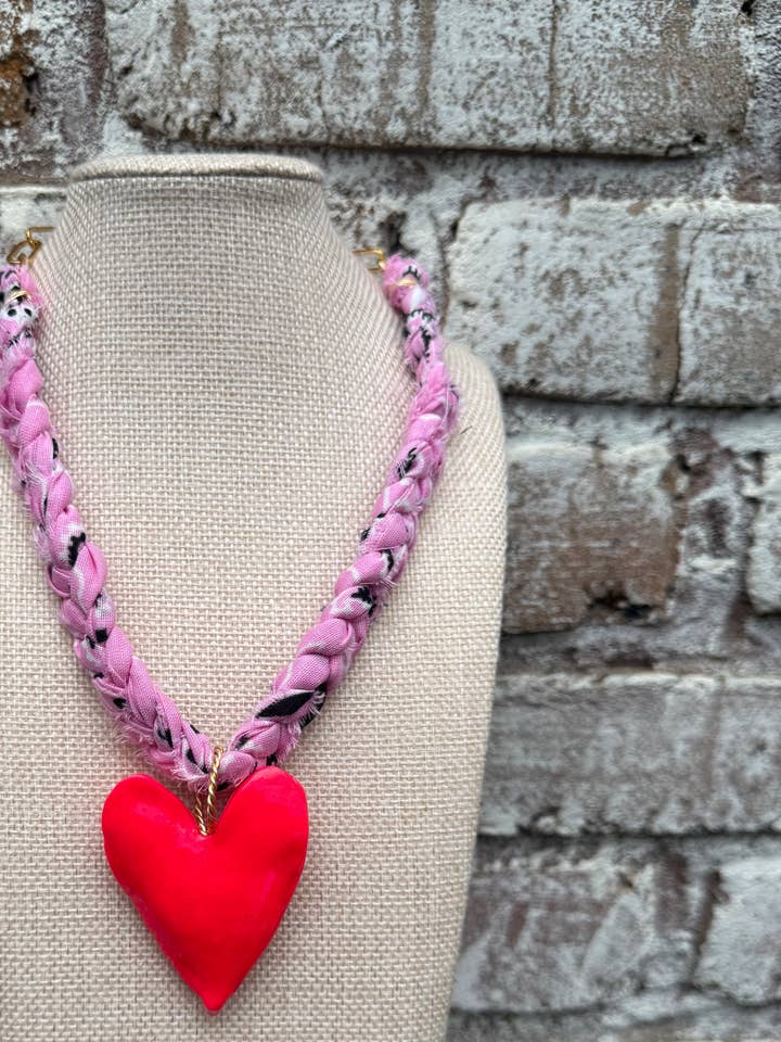 Chunky Pink Bandana with Hot Pink Heart Necklace for wholesale by Chic’d Out