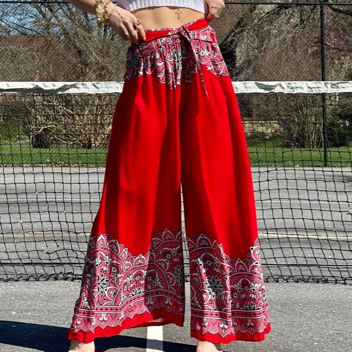 Blossom Goddess Red Mandala Palazzo Pants for wholesale by Camaroha Sutra LLC