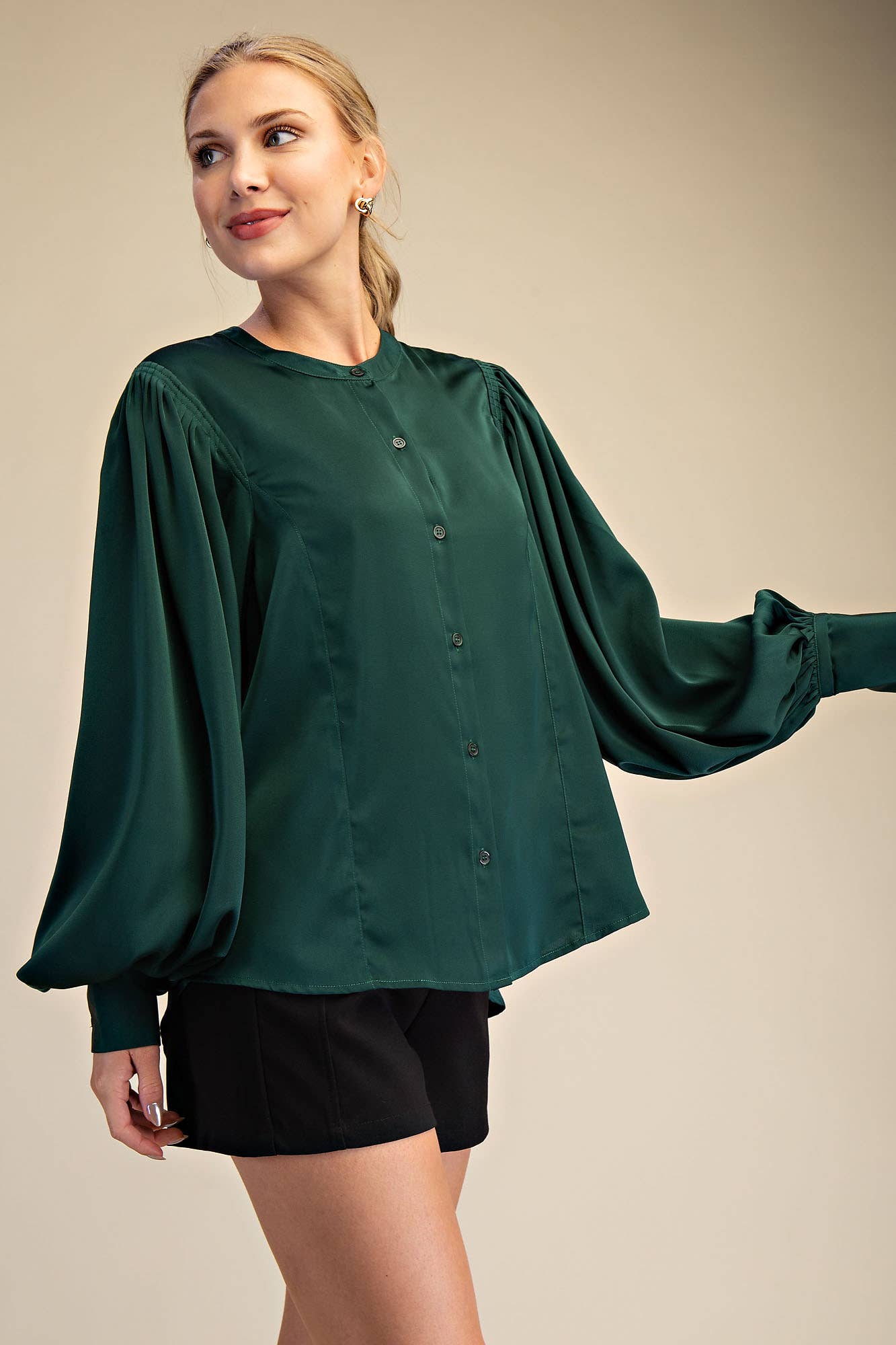 Glam - Wholesale Blouse - Women's - Round Neck Button Down Puff Long Sleeve Satin Top2