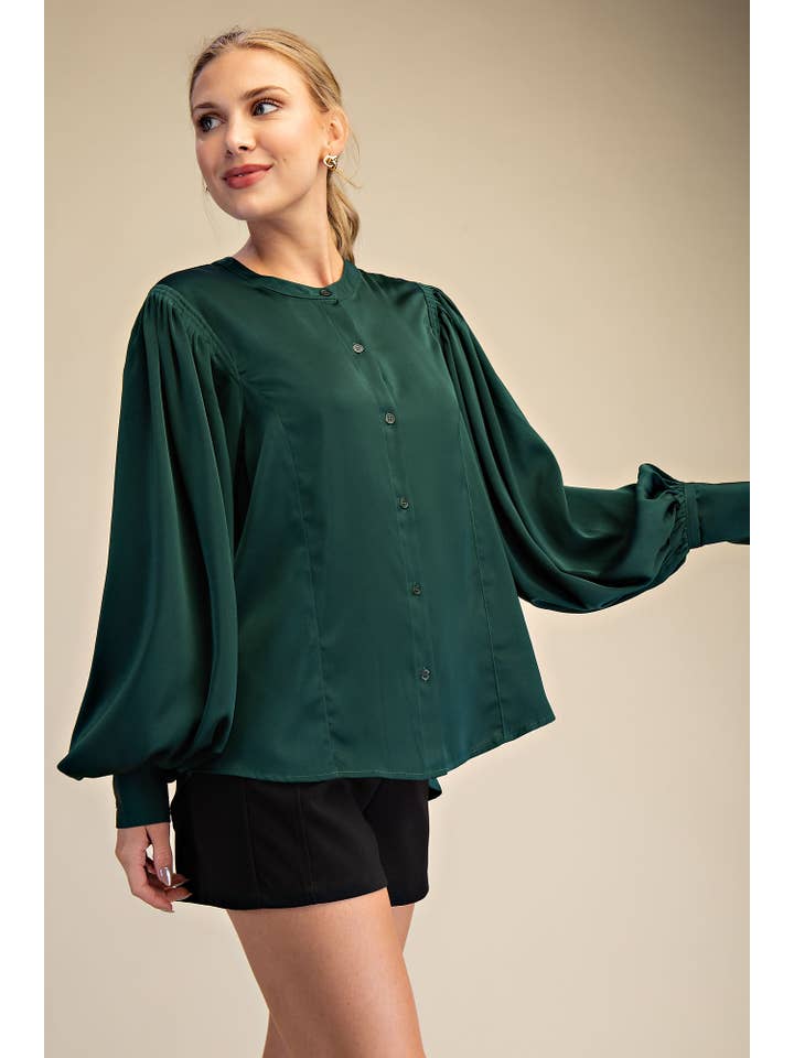 Glam - Wholesale Blouse - Women's - Round Neck Button Down Puff Long Sleeve Satin Top2