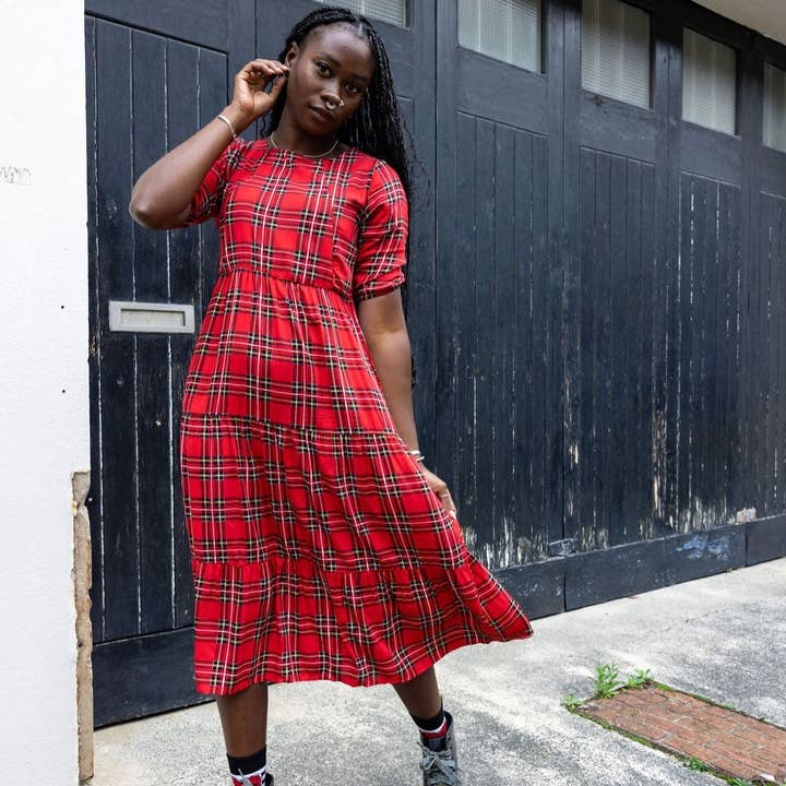 The Midi Breastfeeding Dress - Red Tartan Cotton for wholesale by Stylish Collective