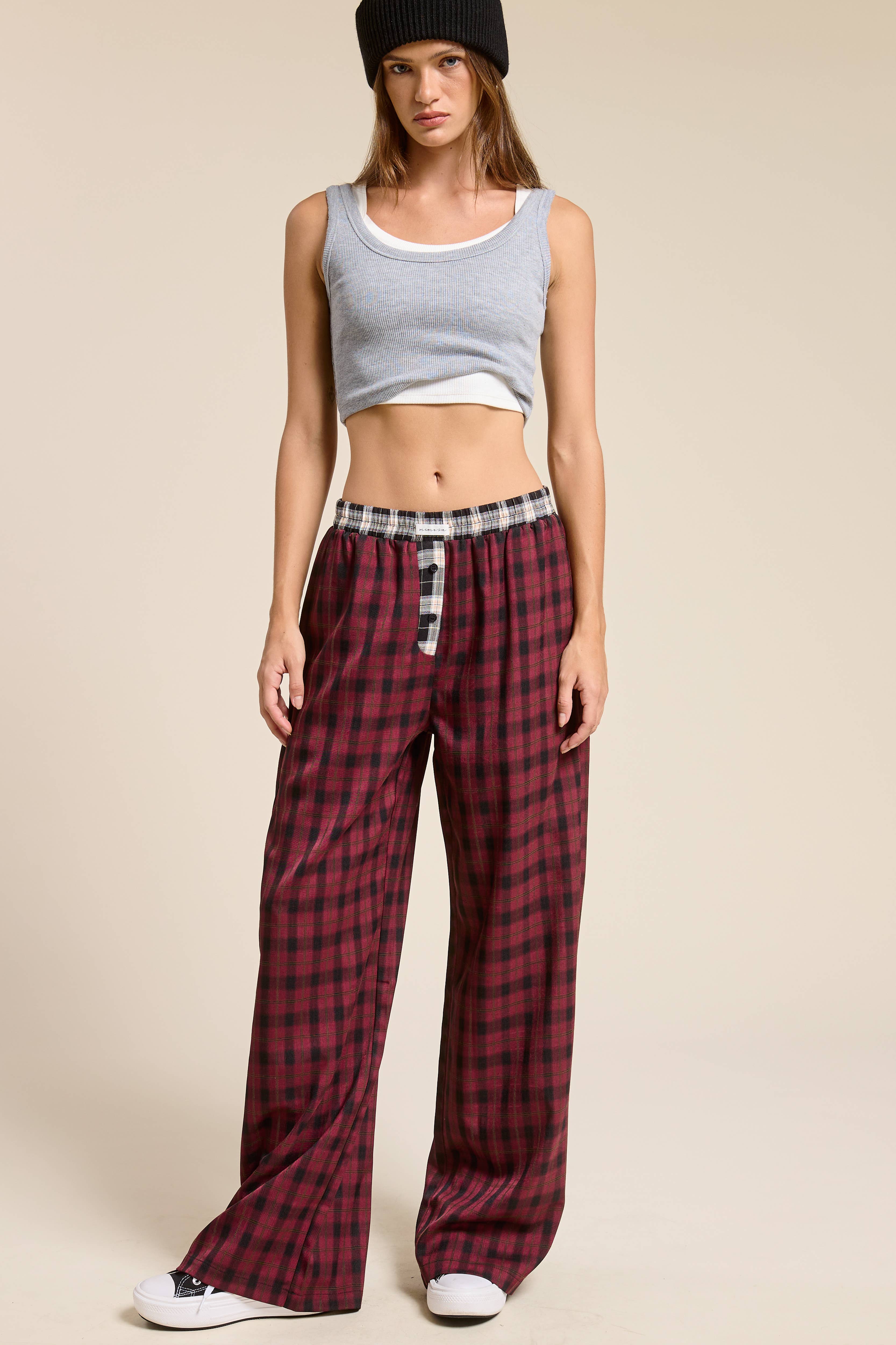 Mimosa - Vente Pantalon – femme - Pantalon boxeur à carreaux avec ceinture contrastante11