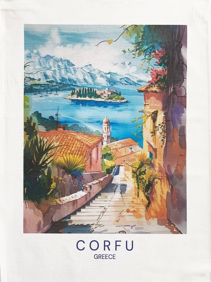 Grande serviette en coton pour le thé de la côte de Corfou pour la vente par Half a Donkey