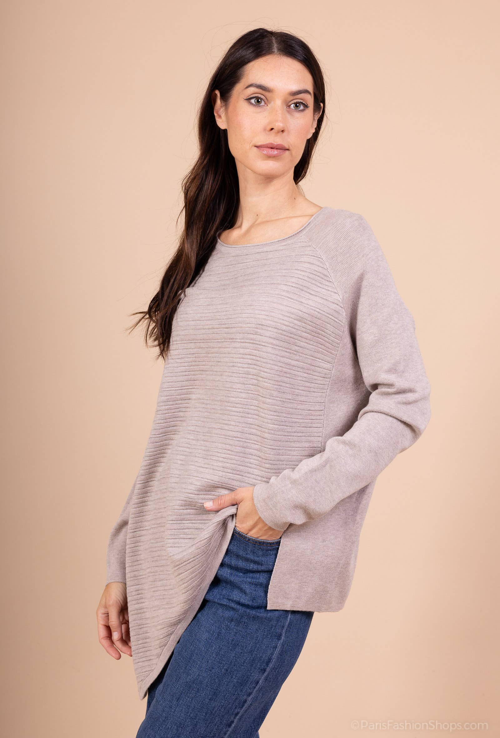 L'Emotion - Wholesale Tunic Sweater - Women's - Stripes Relief Asymmetric Cut Tunic Sweater7