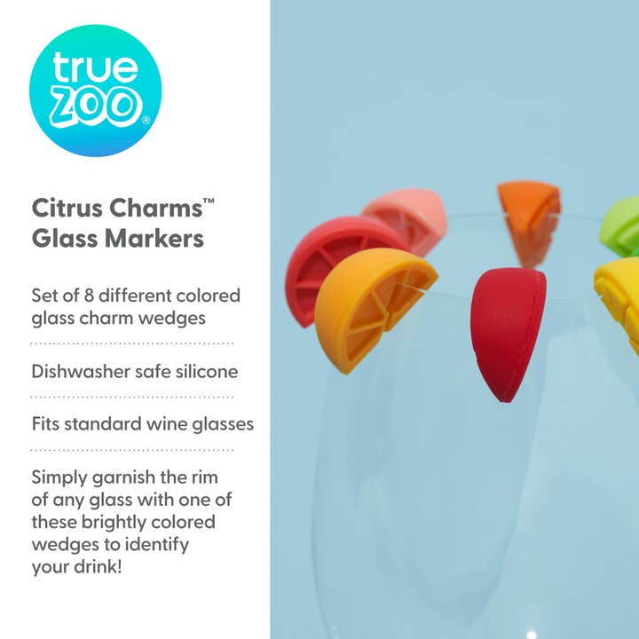 TRUE - Wholesale Wine/Cocktail Glass Markers - TrueZoo Citrus Charms Silicone Glass Markers - Set of 8