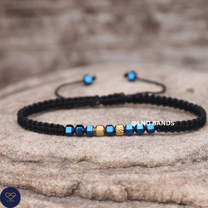 Blue Gold Hematite 4mm Adjustable Minimalist Yoga Boho Ethnic, Tibetan, gift for him for boyfriend, protection, balance for wholesale by LND Bands