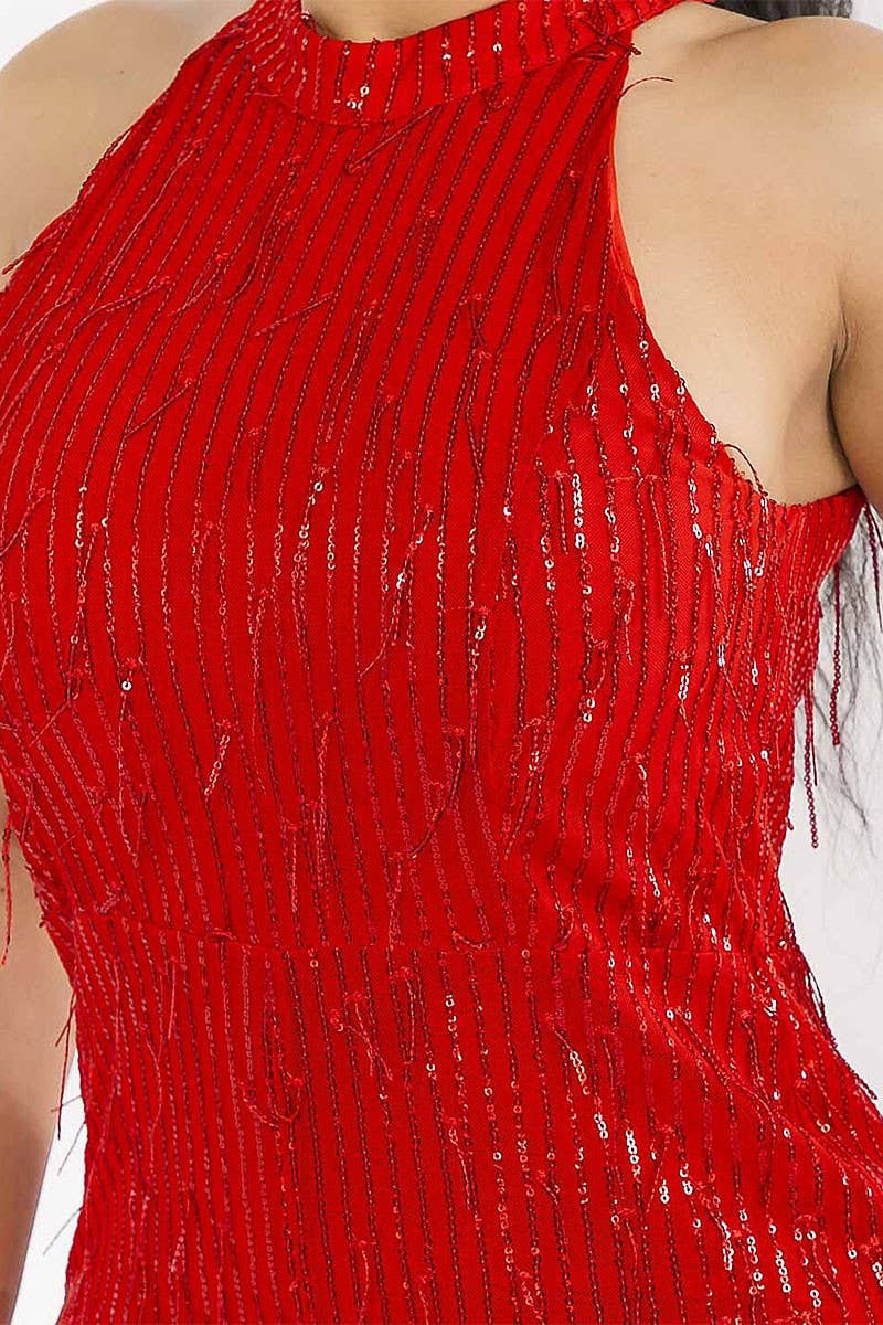 Red SLEEVELESS HALTER NECK SEQUINS WIDE LEG JUMPSUIT for wholesale on Faire3