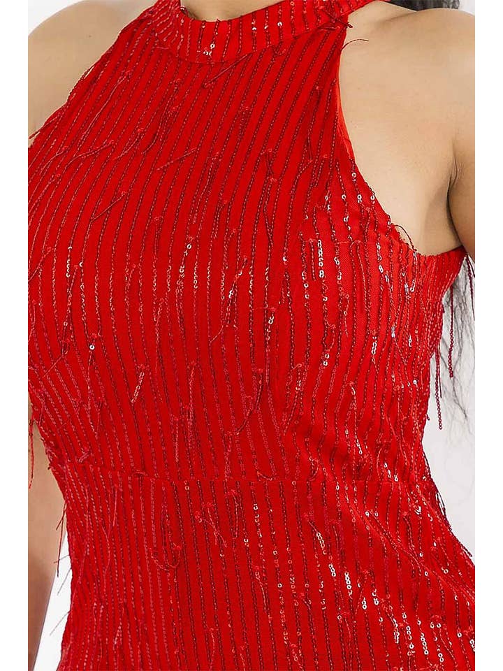 Red SLEEVELESS HALTER NECK SEQUINS WIDE LEG JUMPSUIT for wholesale on Faire3
