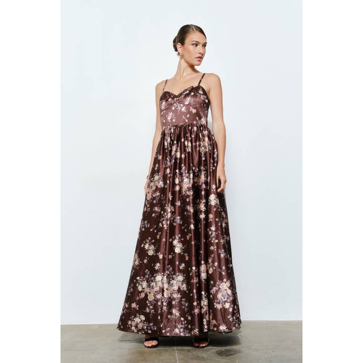 Sweetheart Satin Sleeveless Floral Maxi Dress for wholesale by INA