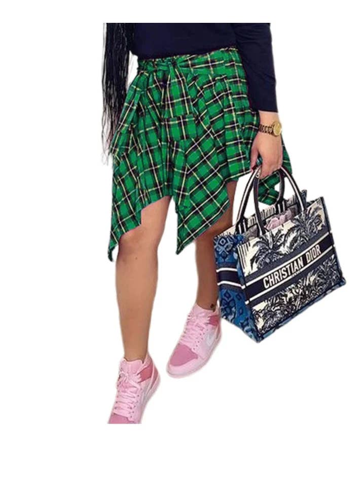 MB Fashion Wholesale - Wholesale Skirt - Women's - MB FASHION High-Waisted Plaid Skirt with Faux Tie 6556T4