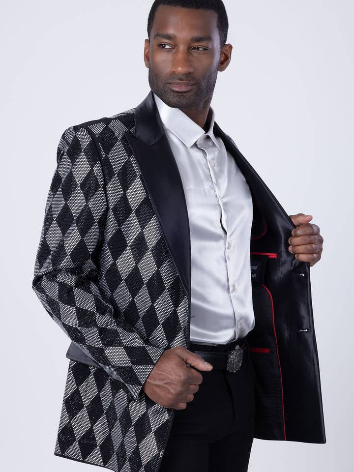 Nero Argento Blazer da uomo con strass con motivo a rombi nero argento 4EBL52 in vendita all'ingrosso su Faire