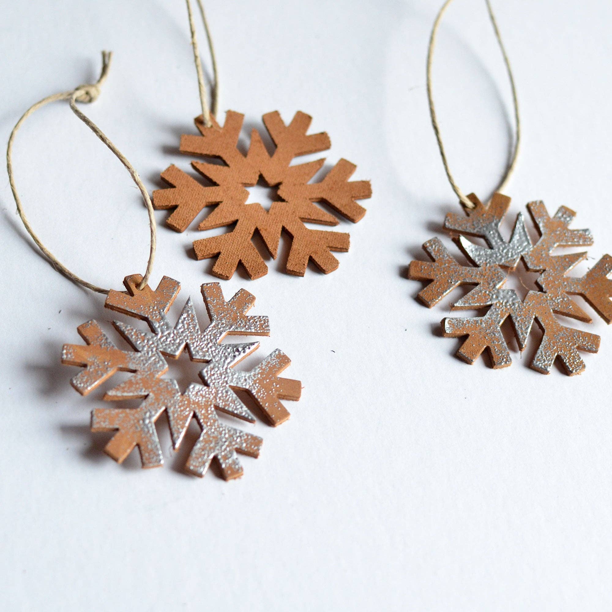 Moss Bags - Wholesale Ornament Set - Leather Snowflake Ornament Box Set: 4 Leather Snowflake Ornaments + 1 Christmas Card3