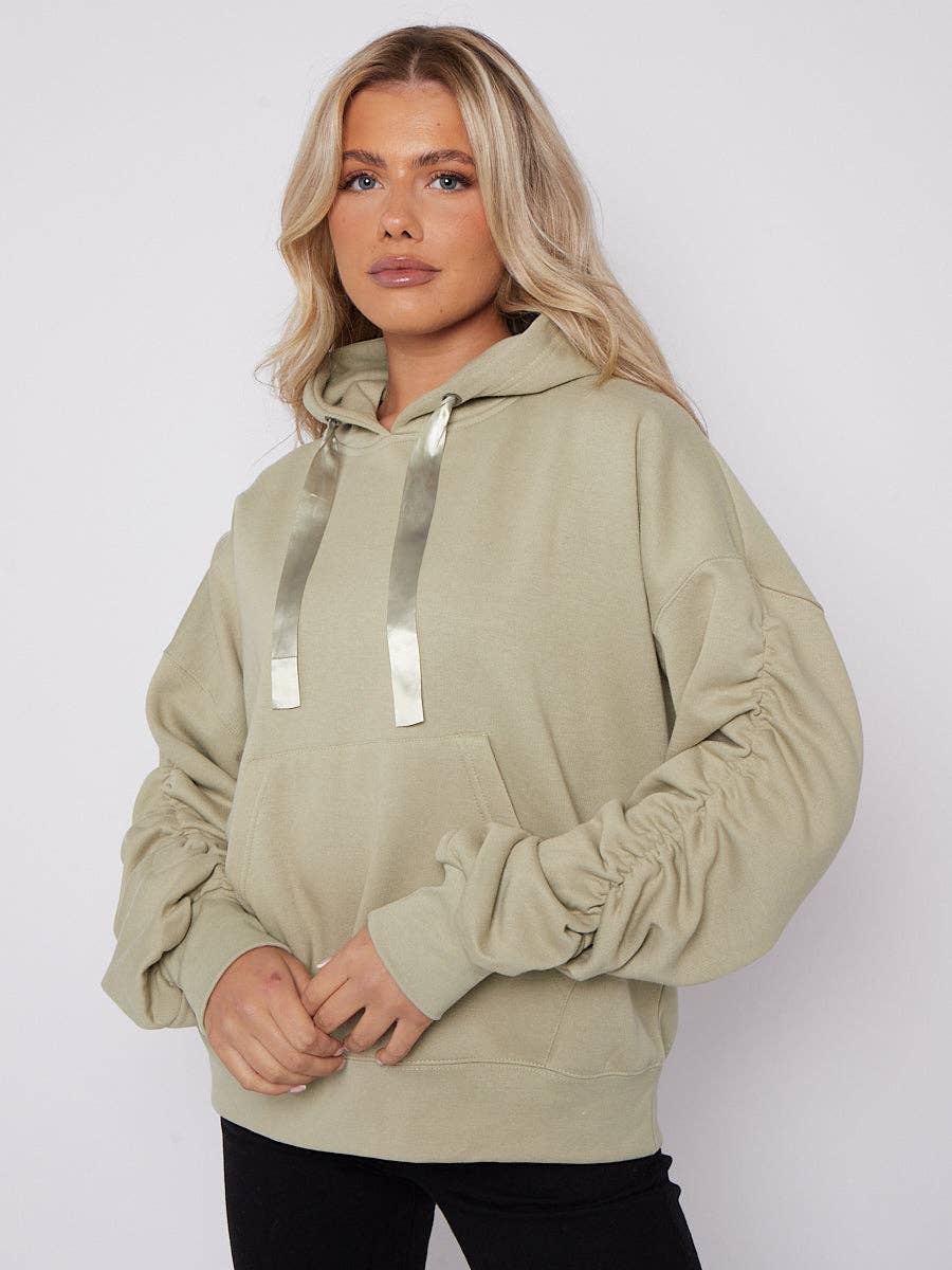 Stylewise Direct – wholesale Hoodie – Women's – Ribbon Drawstring Ruched Sleeves Fleeced Hoodie6