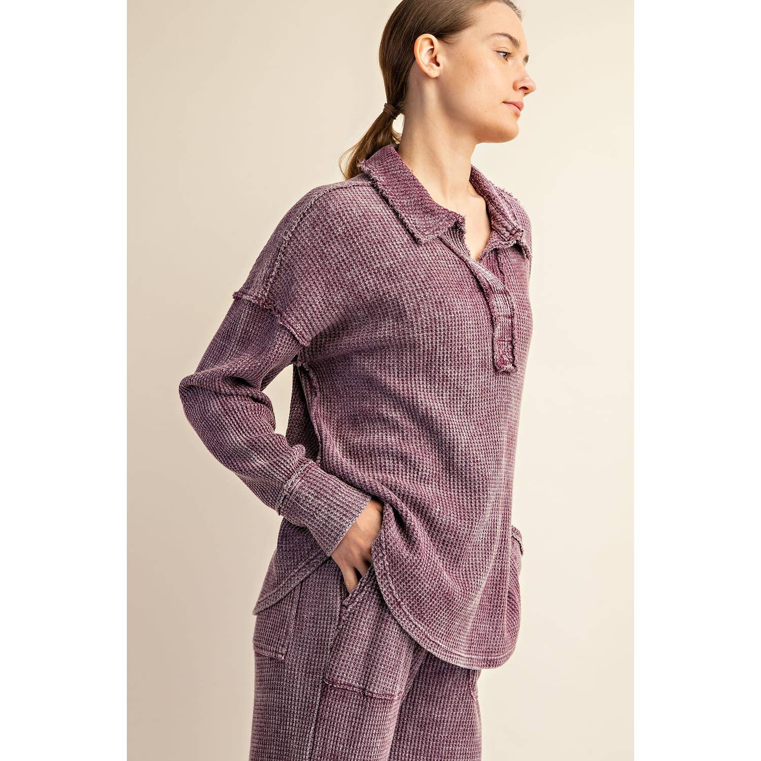 Rae Mode - Wholesale Athletic Top - Women's - MINERAL WASHED WAFFLE POLO SWEATSHIRT12