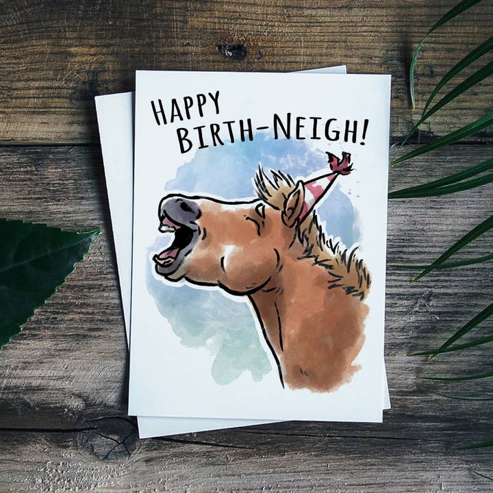Aaron Millard Illustration - Wholesale Birthday Card - "Happy Birth-neigh" - Funny Horse Pun Farm Birthday Card