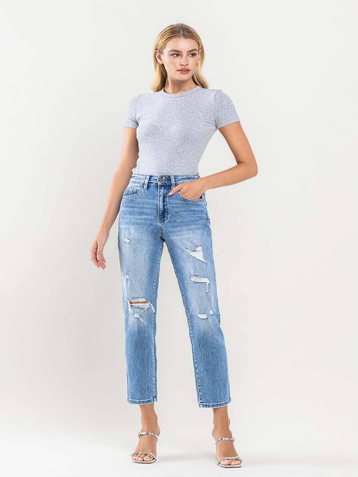 VERVET, Distressed High Rise Flare Jeans, Dark Blue, T5421-24 at   Women's Jeans store