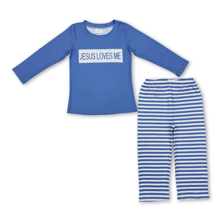 Jesus loves me top stripe pants boys clothing set for wholesale by Yawoo Garments
