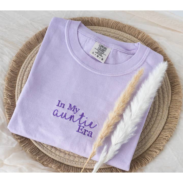 Embroidered Auntie Era Summer Tshirt Pregnancy Announcement for wholesale by Nunu's Studio