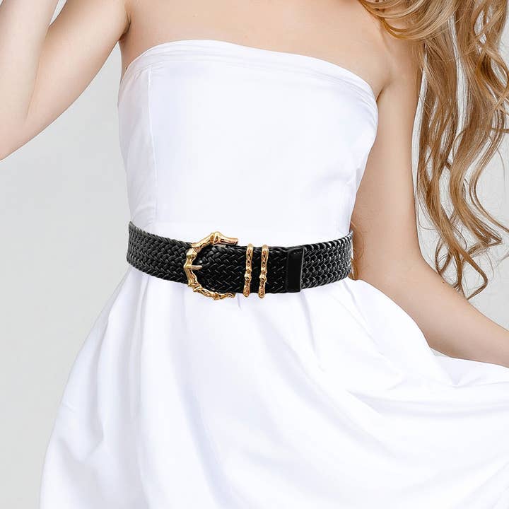 Metal Bamboo Buckle Faux Leather Braided Waist Belt for wholesale by Sensibling Corp.
