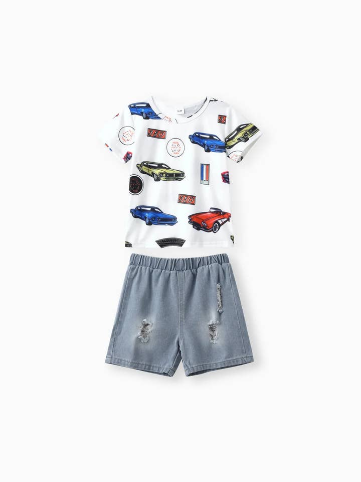 White 2pcs Toddler Boy Car Print T-shirts and Ripped Denim Shorts for wholesale on Faire