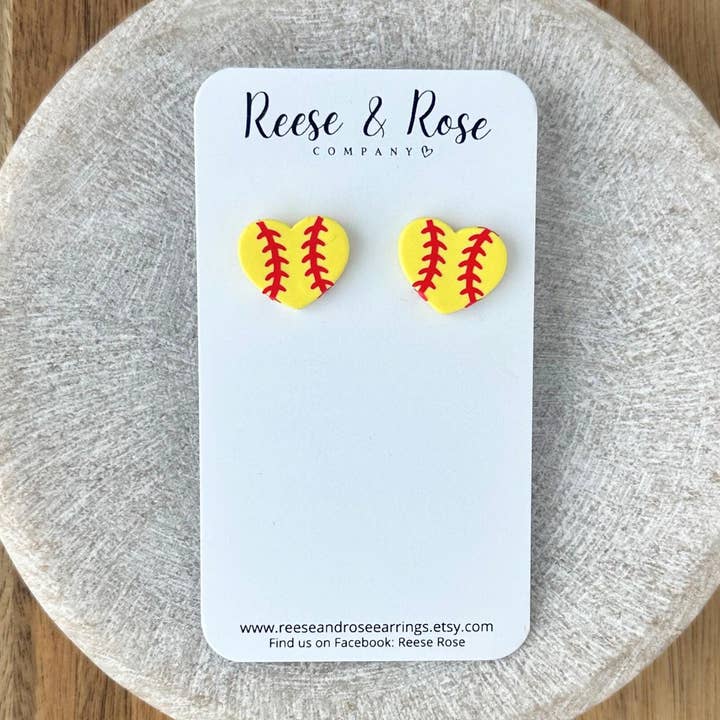 Softball Heart Stud Polymer Clay Earrings, Hypoallergenic for wholesale by Reese & Rose Co.