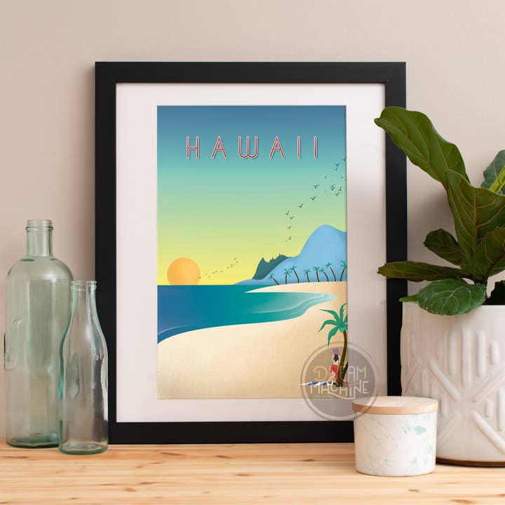 Impression d'Hawaï, Skyline d'Hawaï, art d'Hawaï, affiche d'Hawaï, aquarelle d'Hawaï, art d'Hawaï, carte d'Hawaï, art mural d'Hawaï, voyage artistique hawaïen10 pour la vente par DreamMachine Prints