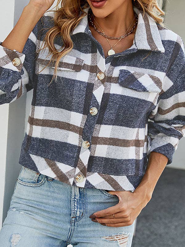 DJUPBLÅ Långa ärmar Lösa knappar Kontrastfärg Rutigt Lapel Ytterkläder för wholesale på Faire3