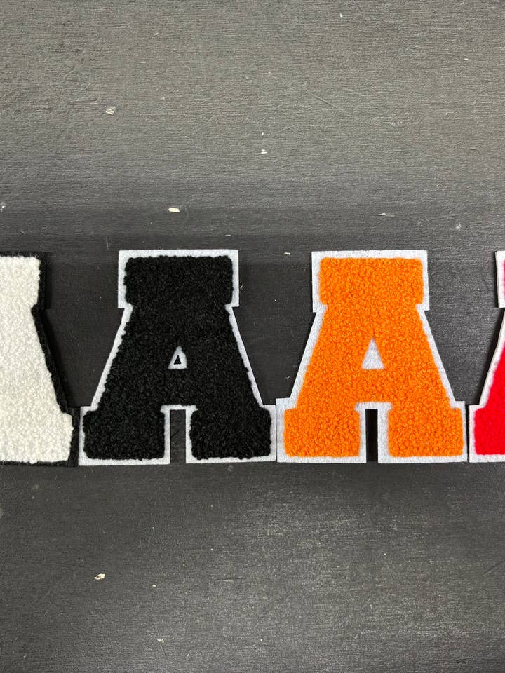 Large Chenille Embroidered Letters Iron-on Patch Applique for wholesale by TJ Printing Supplies