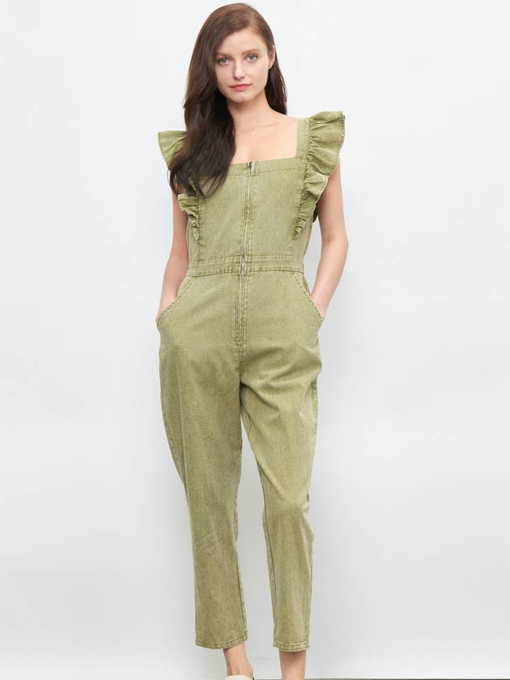 80296- Combinaison volantée en coton lavé avec fermeture éclair sur le devant pour la vente par Newbury Kustom