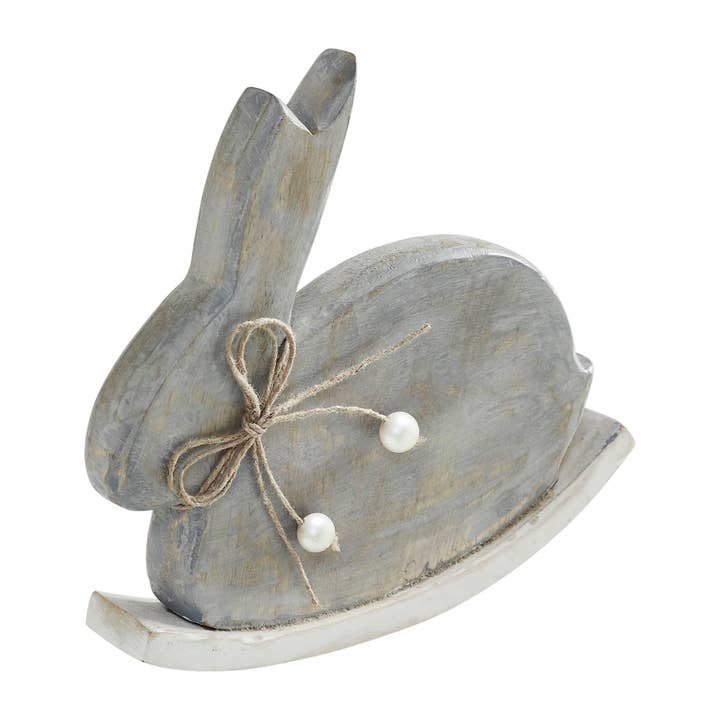 VHC Brands - Wholesale Decorative Tabletop Object - Bunny Hop Wooden Bunny w/ Pearl Beads & Rocker Base 7.5x7.5x1.5